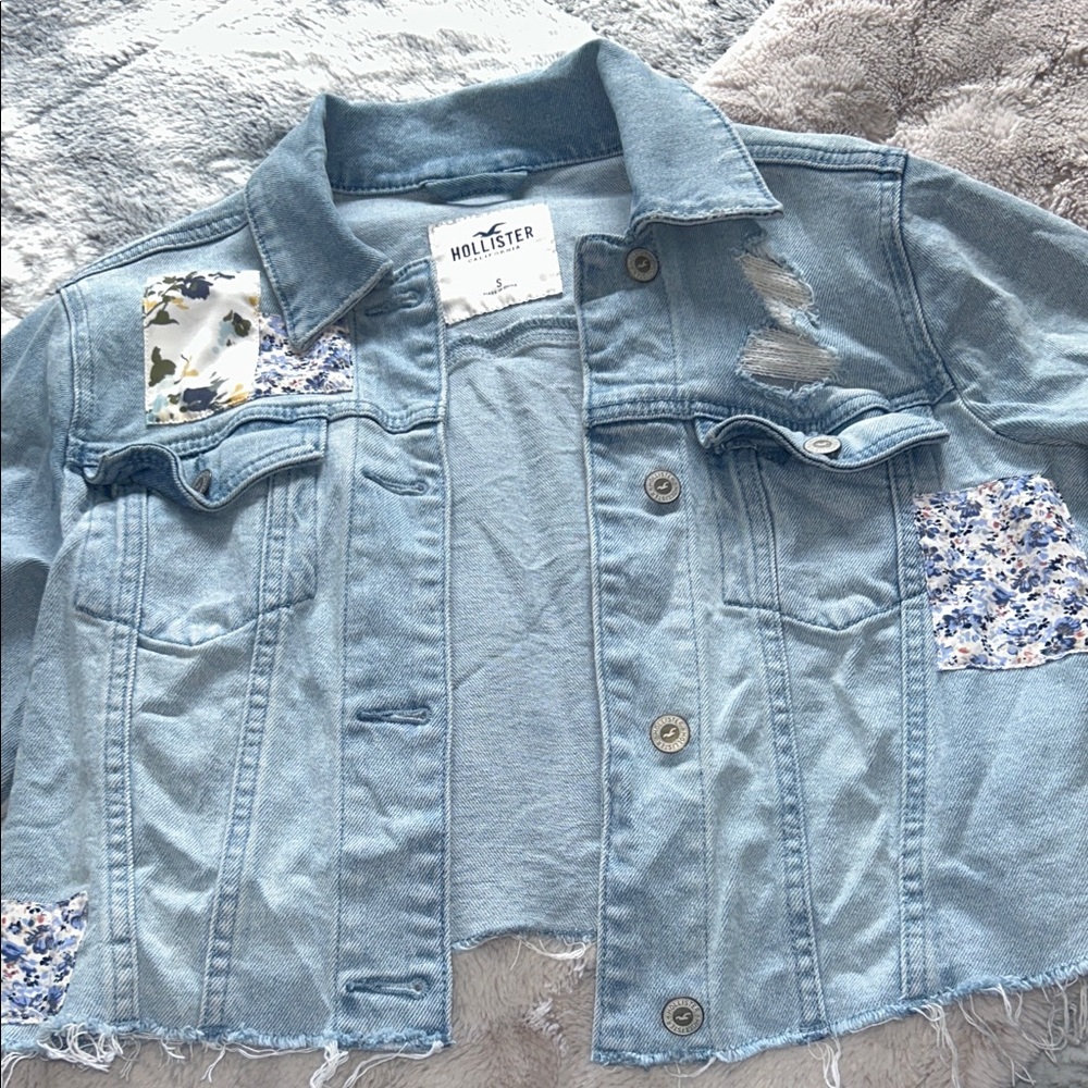Hollister Blue Denim Jacket with Floral Accents